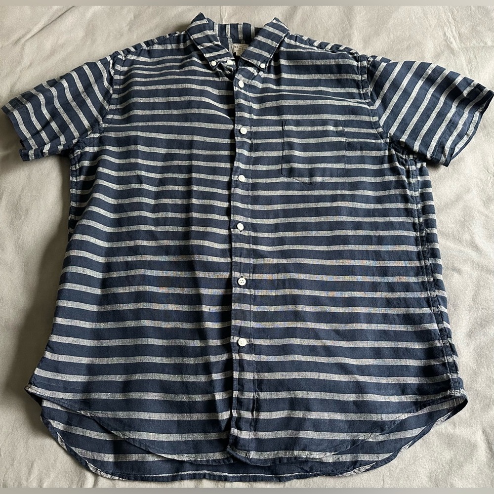 J Crew Blue & White Striped Linen Short Sleeve Button Down Shirt Men's Size XL